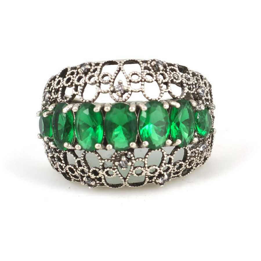 Sterling Silver Filigree Ring - Green and White Zircon Stones