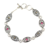 Sterling Silver & Bronze Antique Bracelet - Red Zircon Oval Design
