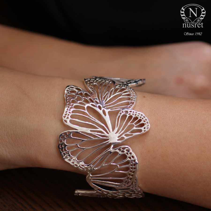 925 Sterling Silver Wide Butterfly Open Cuff Bangle Bracelet