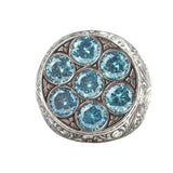 Sterling Silver Handcrafted Men's Ring with Aquamarine and Engraved Column Motif