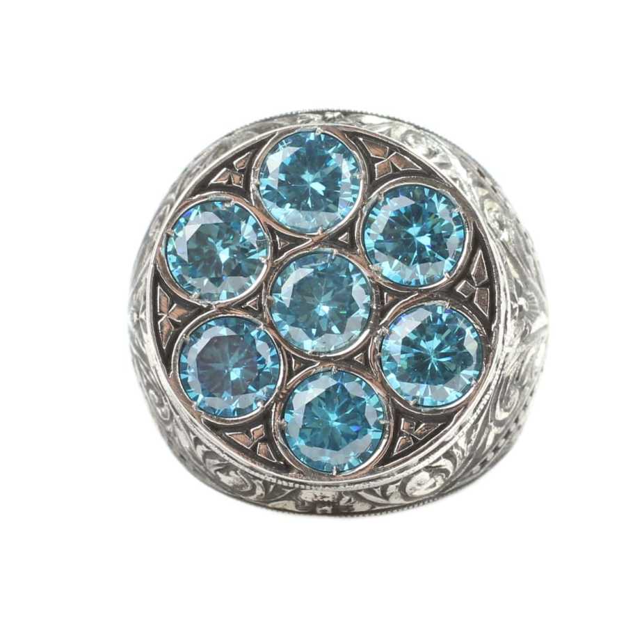Sterling Silver Handcrafted Men's Ring with Aquamarine and Engraved Column Motif