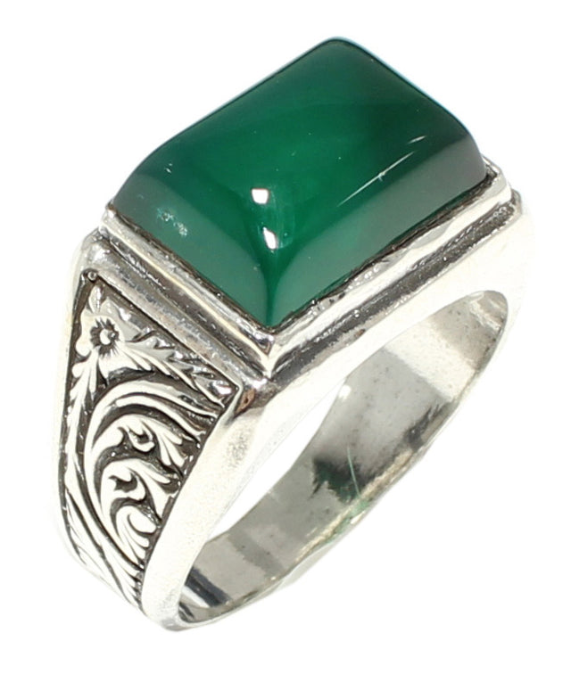 925 Sterling Silver Men's Ring - Green Agate Patterned Design