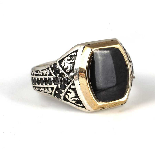 925 Sterling Silver Men's Ring - Black Enamel with Zircon Stones