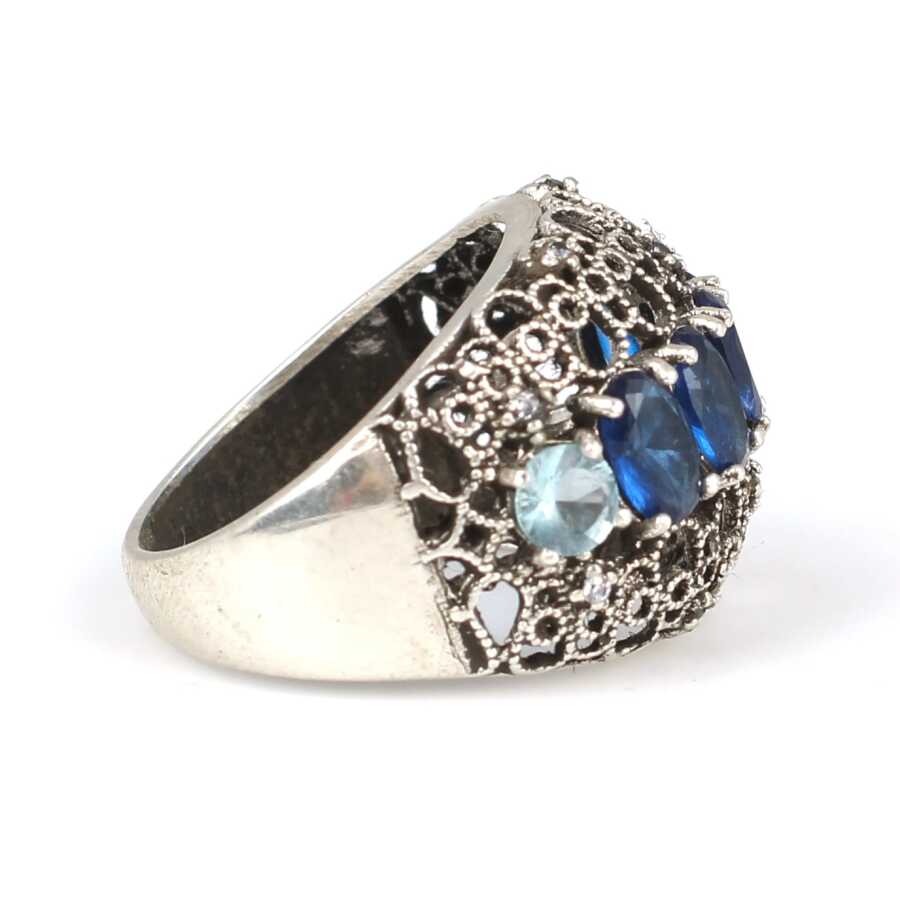 925 Sterling Silver Filigree Ring - Blue & White Zircon
