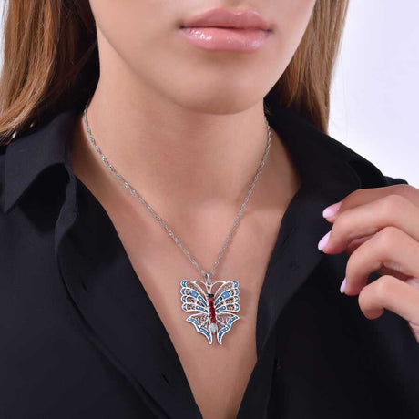 Sterling Silver Butterfly Filigree Necklace with Zircon & Enamel