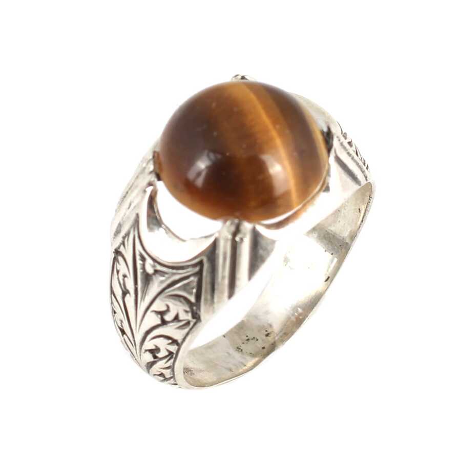 Premium 925 Sterling Silver Round Tiger's Eye Men's Ring
