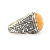 Sterling Silver Hexagonal Compressed Amber Men's Ring - Hand-Engraved