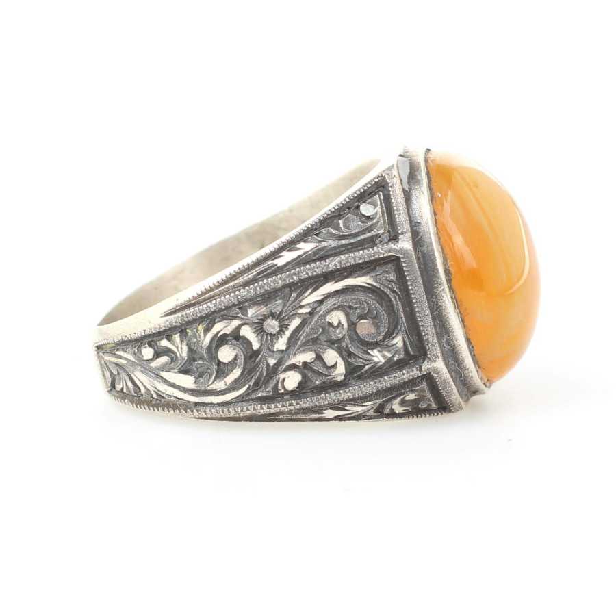Sterling Silver Hexagonal Compressed Amber Men's Ring - Hand-Engraved