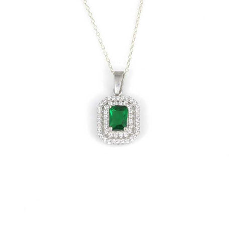 Sterling Silver Double Row Halo Emerald Zircon Necklace