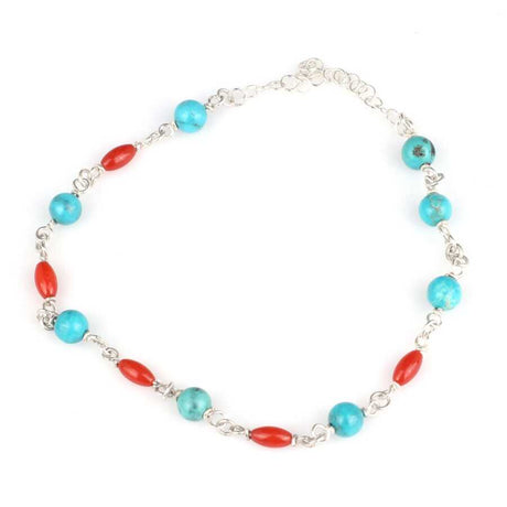 925 Sterling Silver Turquoise & Coral Anklet - Coastal Charm