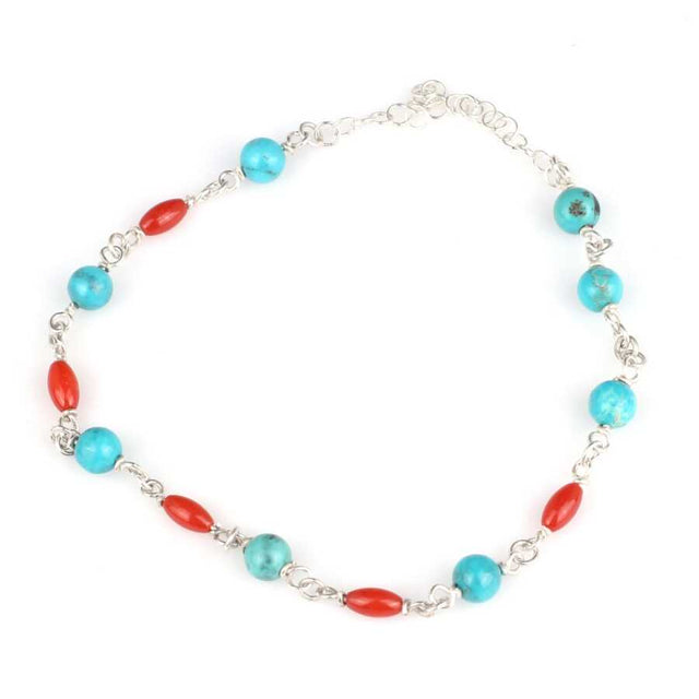 925 Sterling Silver Turquoise & Coral Anklet - Coastal Charm