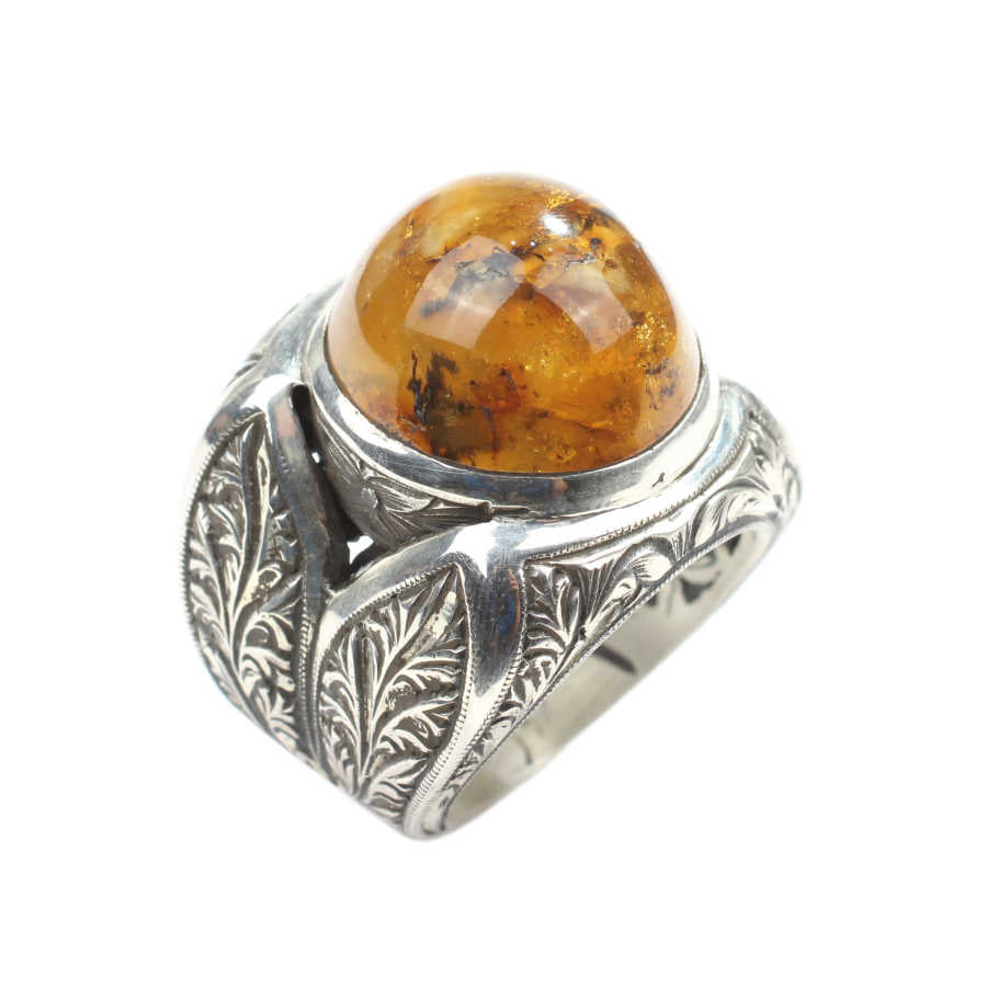 925 Sterling Silver Round Amber Men's Ring - Hand-Engraved Design