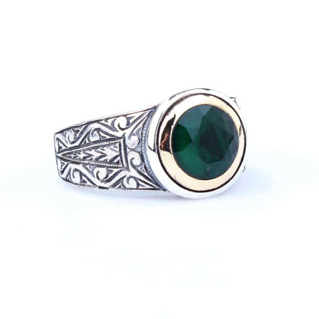 Sterling Silver & Bronze Men's Ring with Synthetic Emerald