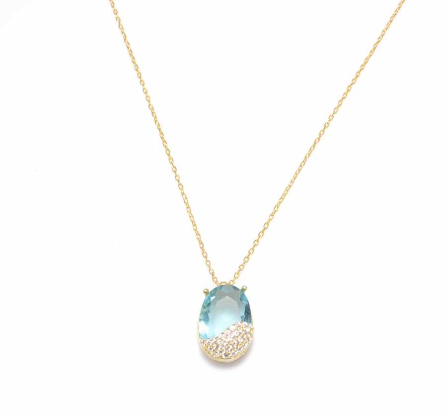925 Sterling Silver Aquamarine & Zircon Gemstone Pendant Necklace