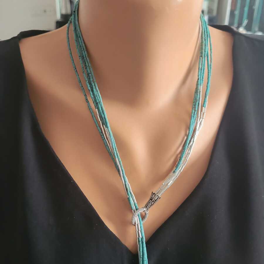 Sterling Silver Turquoise 6-Row Adjustable Necklace - Statement Piece
