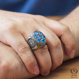 925 Sterling Silver Men's Ring | Oval Blue Zircon Gemstones