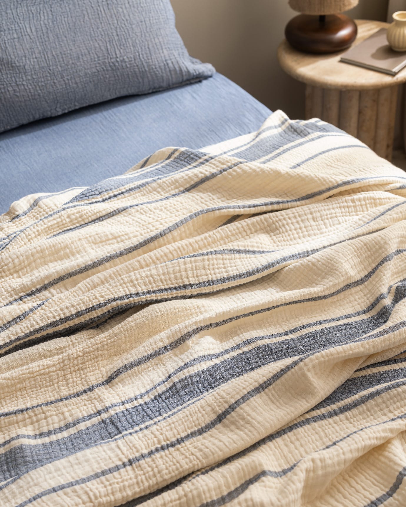 100% Cotton Single Pique Bedding Set - Clair Ecru & Navy