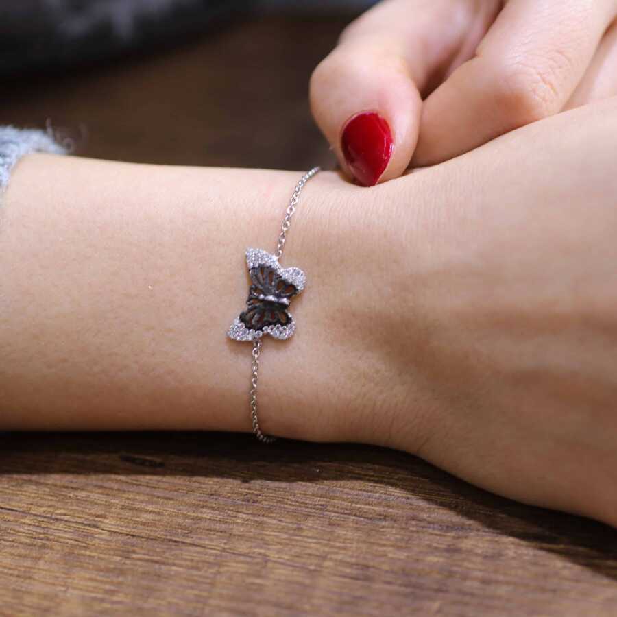 Dainty 925 Sterling Silver Butterfly Bracelet with Zircon Stones