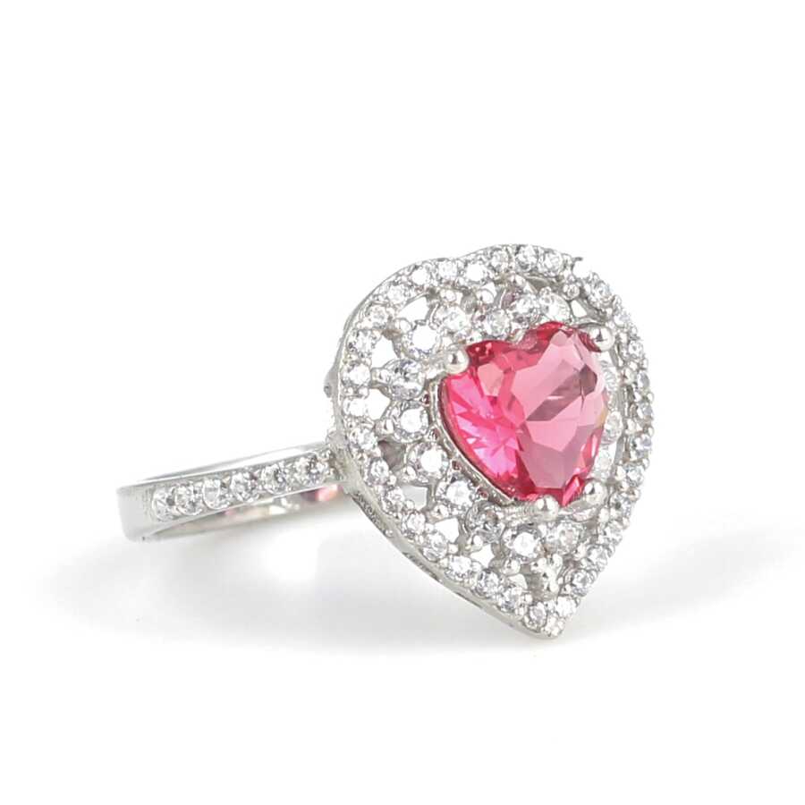 Sterling Silver Heart Ring with Ruby Zircon & White Zircon Halo