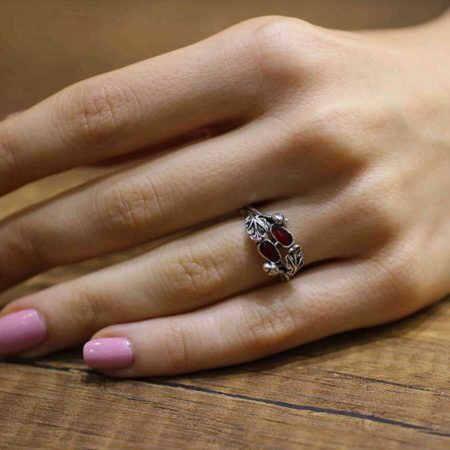 Sterling Silver Double Leaf Ring - Hand-Enameled Red Design