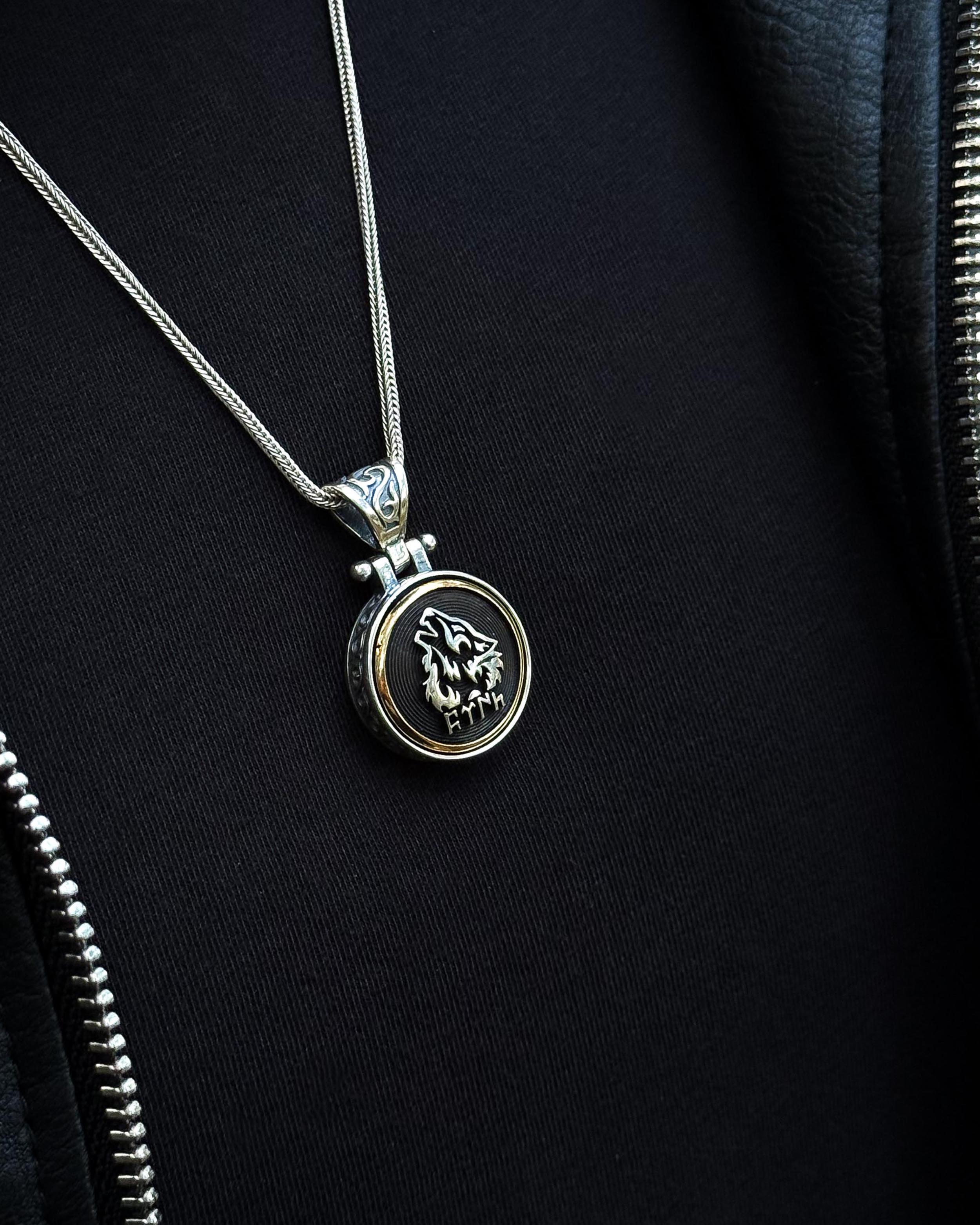 Sterling Silver Rotating Grey Wolf Pendant Necklace - Ancient Turkic Script