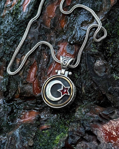 Sterling Silver Crescent & Star Necklace with Rotating Red Stone