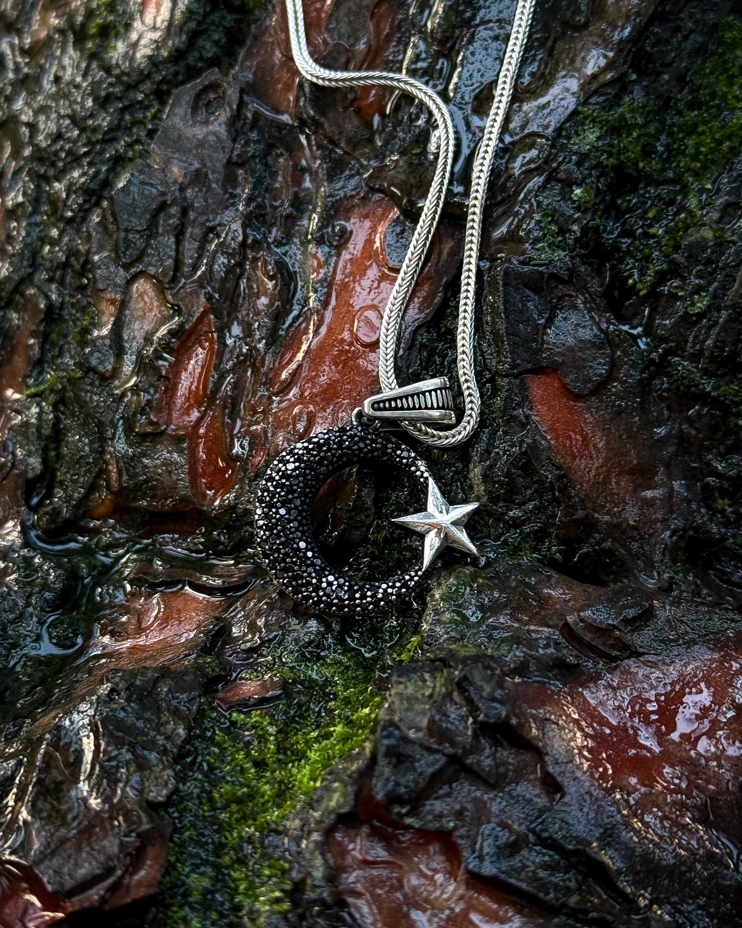 925 Sterling Silver Black Stone Crescent & Star Necklace