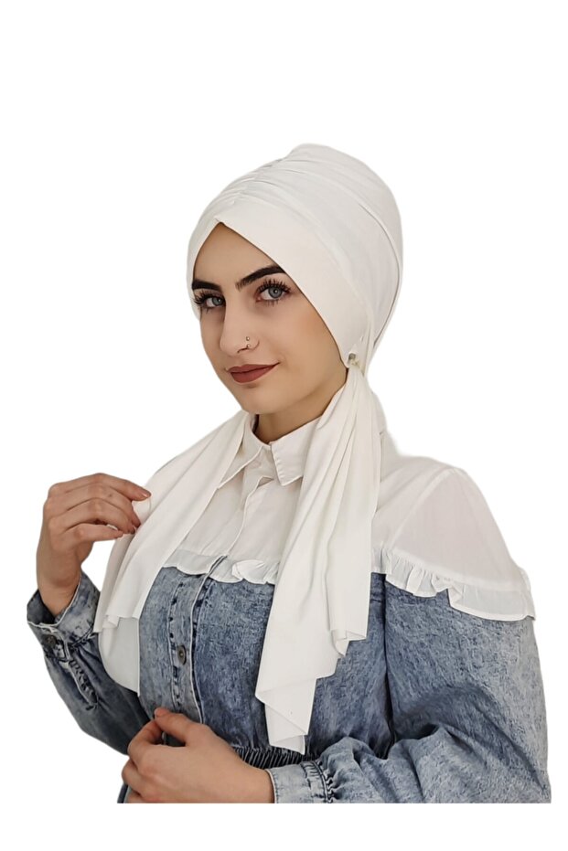Ready-to-Wear Ecru Turban & Scarf Set - Polyester Fabric