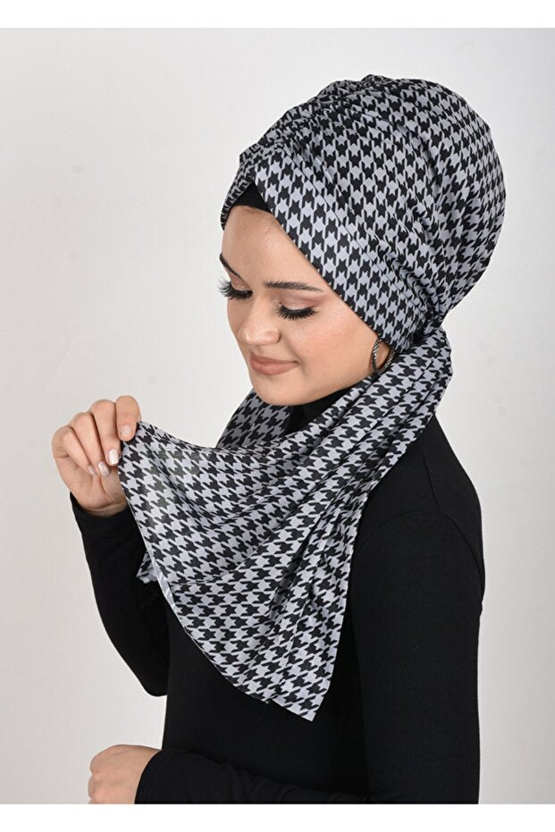 Black-White Houndstooth Stretchy Ready-Wear Turban Scarf