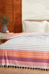 Luis Double Peshtemal Bedspread - Orange Stripes, 180x220 cm