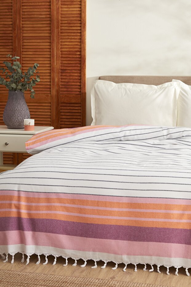 Luis Double Peshtemal Bedspread - Orange Stripes, 180x220 cm