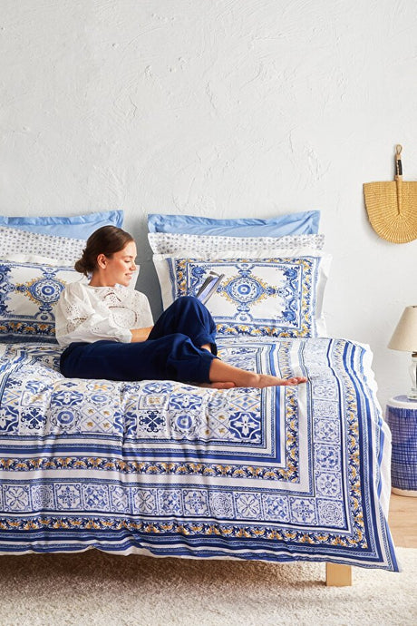 Alfama 100% Cotton Double Duvet Cover Set - Blue
