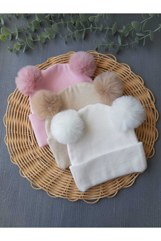 Cappello per Bambini a Costine con Pom-Pom in Peluche