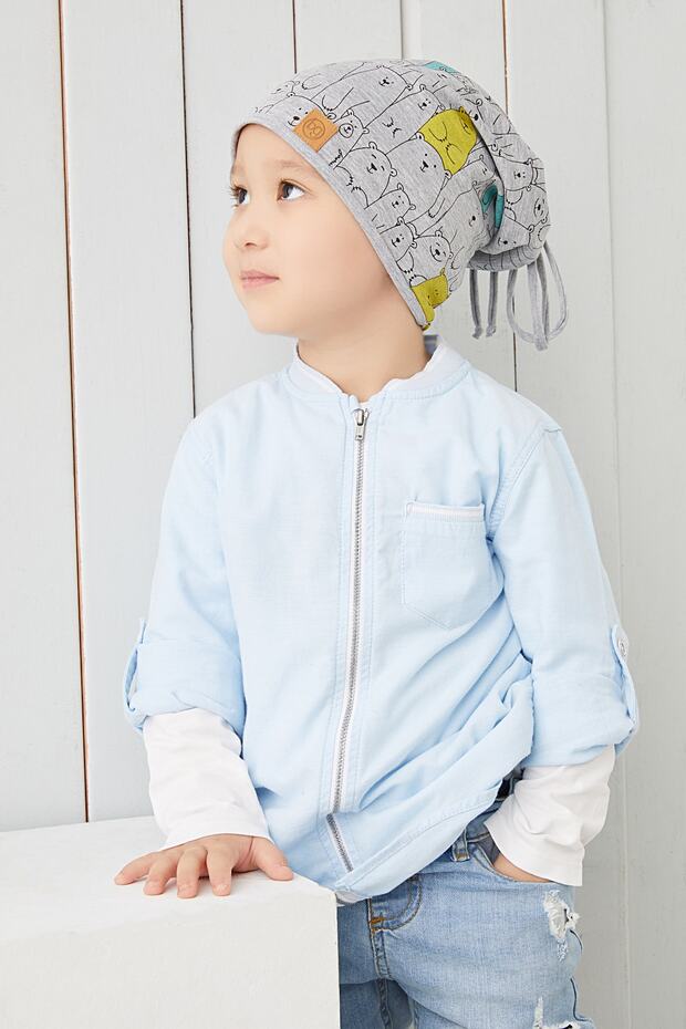 Kids' 4-Season Grey Bear Print Soft Cotton Beanie Hat