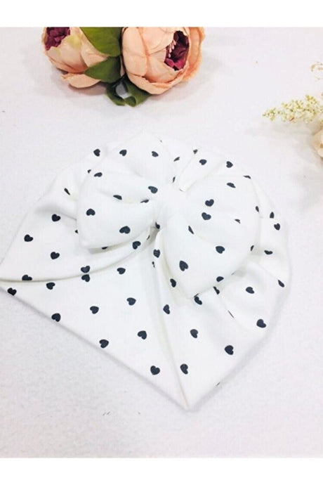 Baby Bow Turban Headband - White with Black Hearts (0-3 Years)
