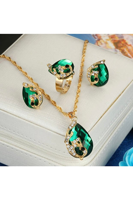 Emerald Green Crystal Teardrop Jewelry Set - Necklace, Earrings & Ring