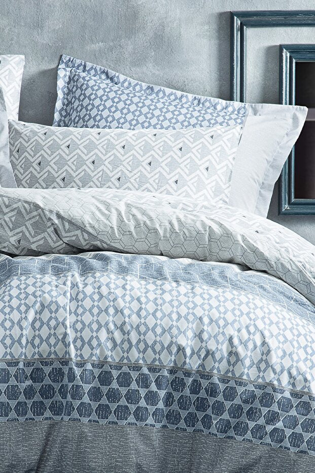 Malin Doppelbett-Bettwäsche-Set – Blaues Geometrisches Muster, 100 % Baumwolle