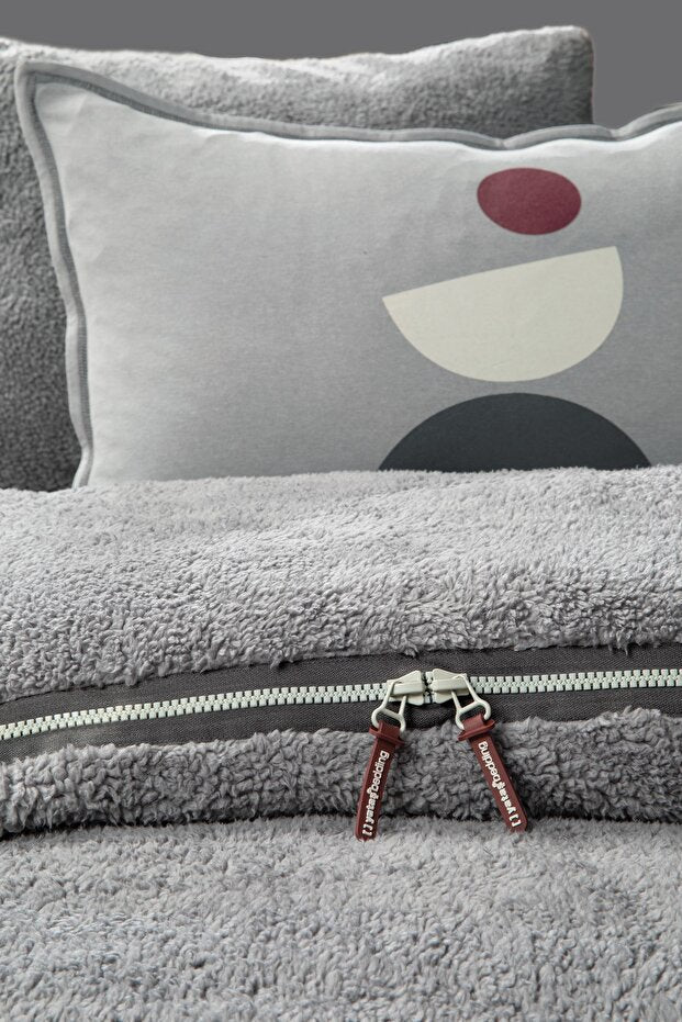 Coverme Quadro Single Sherpa Zippered Duvet Cover Set - Grey