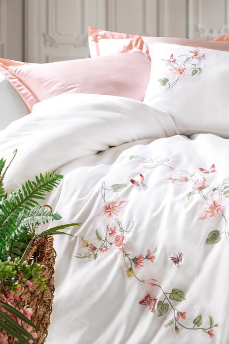 3D Embroidered Sateen Double Duvet Cover Set - Luna Powder Pink