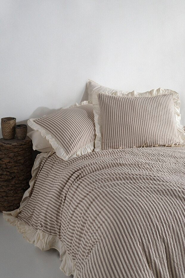 100% Cotton Ruffled Striped Duvet Cover Set - 4-Piece