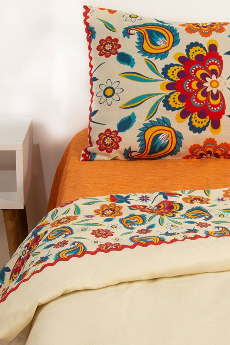 Carnival Double Duvet Cover Set - Cream/Orange Floral, Easy Iron
