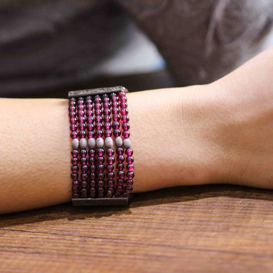 925 Sterling Silver 7-Row Garnet Statement Bracelet