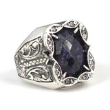 Sterling Silver Root Sapphire Men's Ring - Handcrafted Rectangular