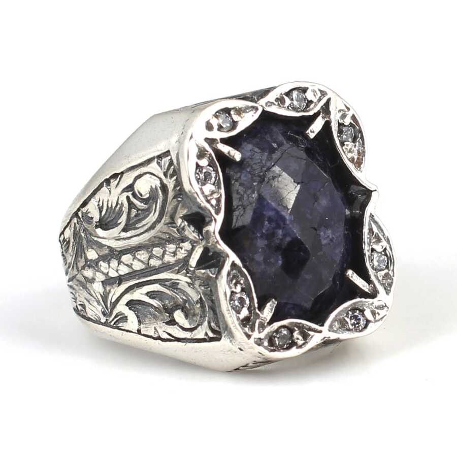 Sterling Silver Root Sapphire Men's Ring - Handcrafted Rectangular