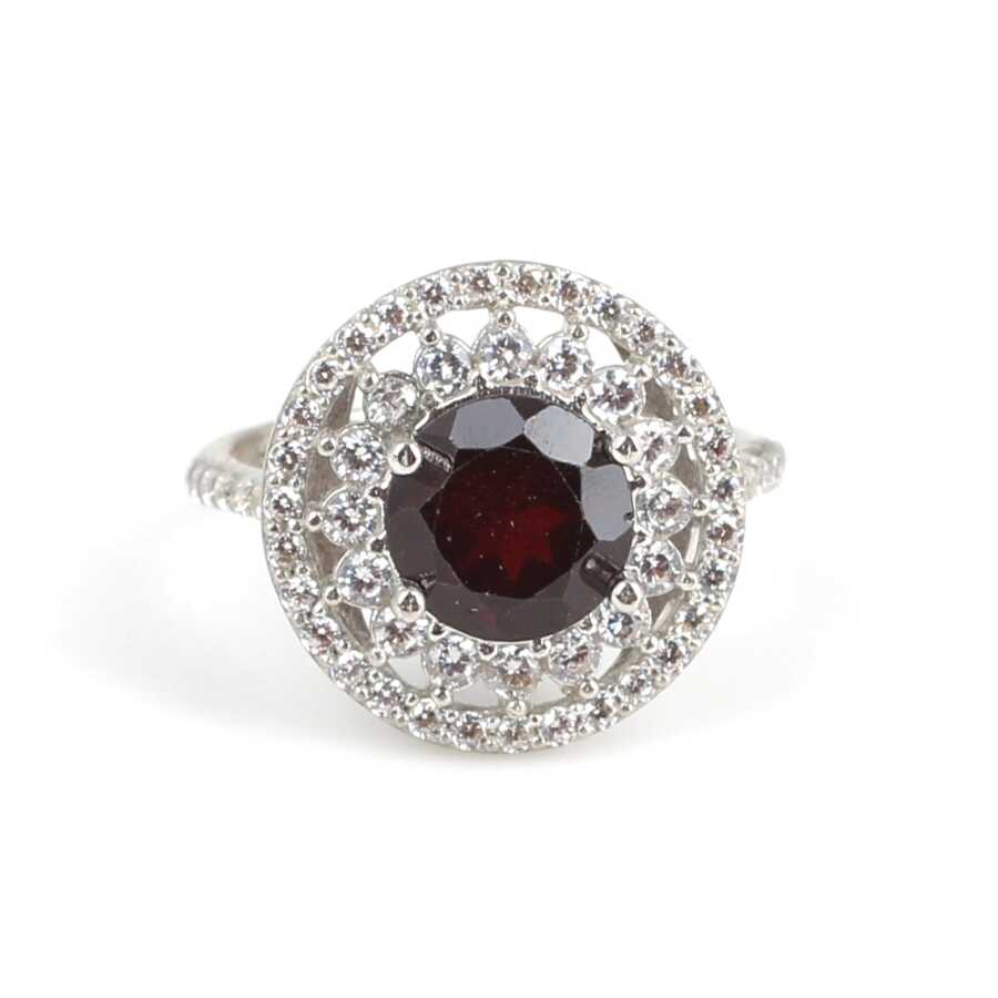 Sterling Silver Garnet Double Halo Ring