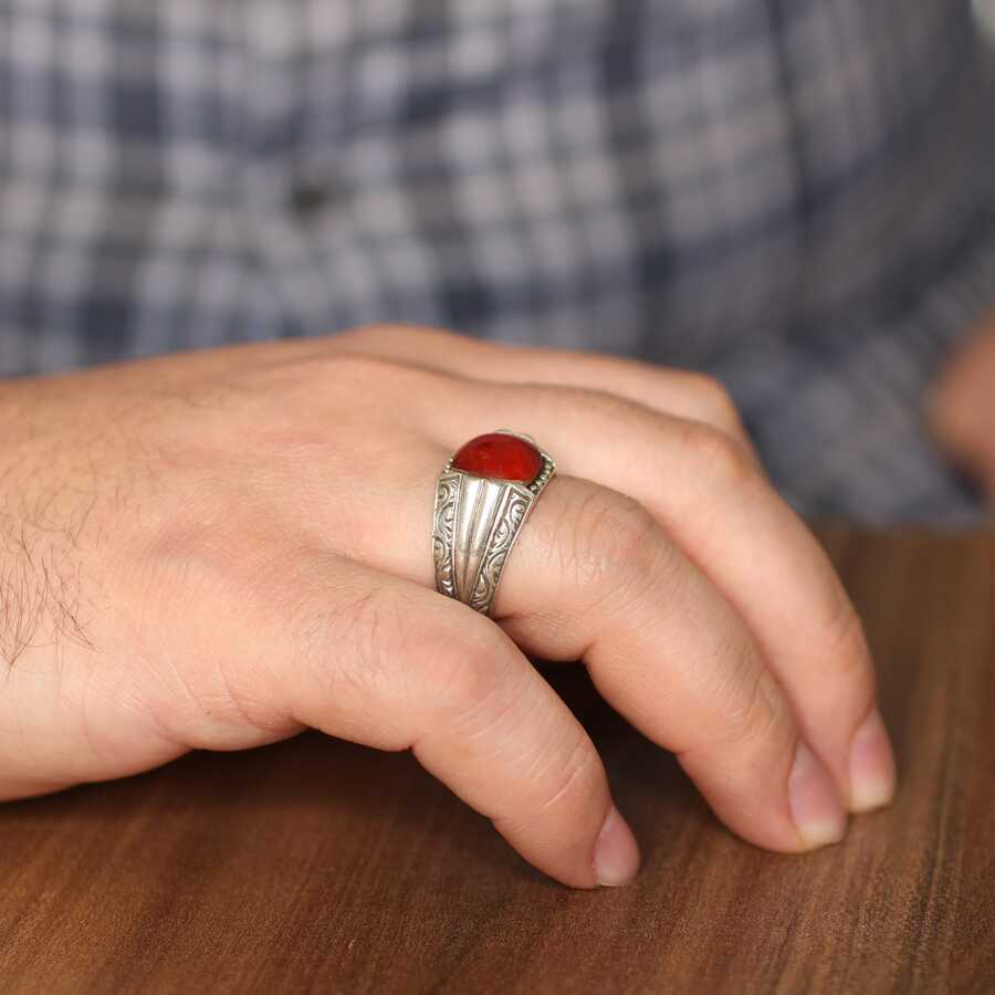 925 Sterling Silver Round Agate Engraved Men's Ring