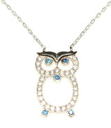 Sterling Silver Owl Pendant Necklace - White Zircon & Wisdom Symbol