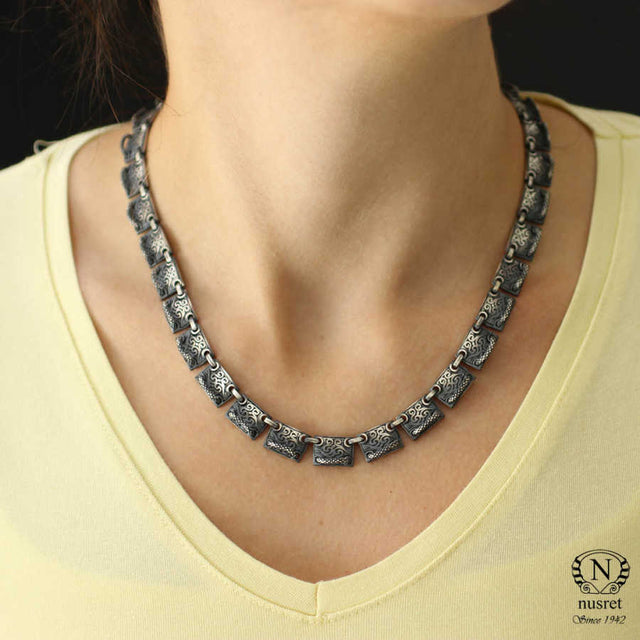 925 Sterling Silver Black Rhodium Plated Geometric Link Necklace