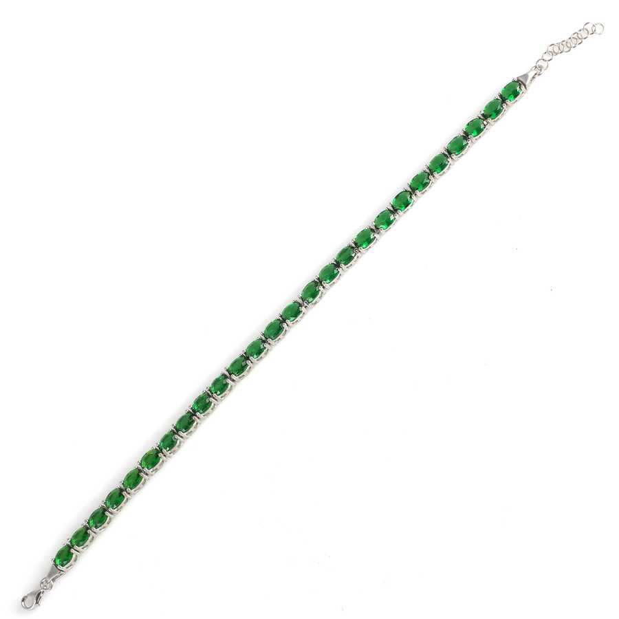 Sterling Silver Small Oval Synthetic Emerald Line Bracelet