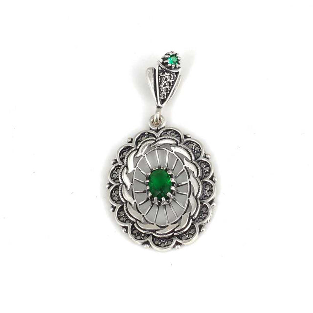 Sterling Silver Green Zircon Filigree Pendant - Handcrafted Elegance